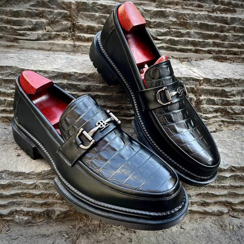 Chunky Croc-Embossed Leather Horsebit Loafers-Colinshoes