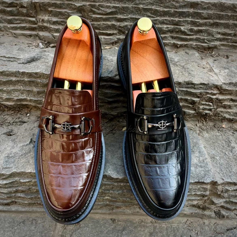 Chunky Croc-Embossed Leather Horsebit Loafers-Colinshoes