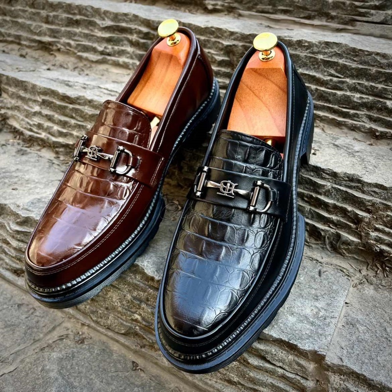 Chunky Croc-Embossed Leather Horsebit Loafers-Colinshoes