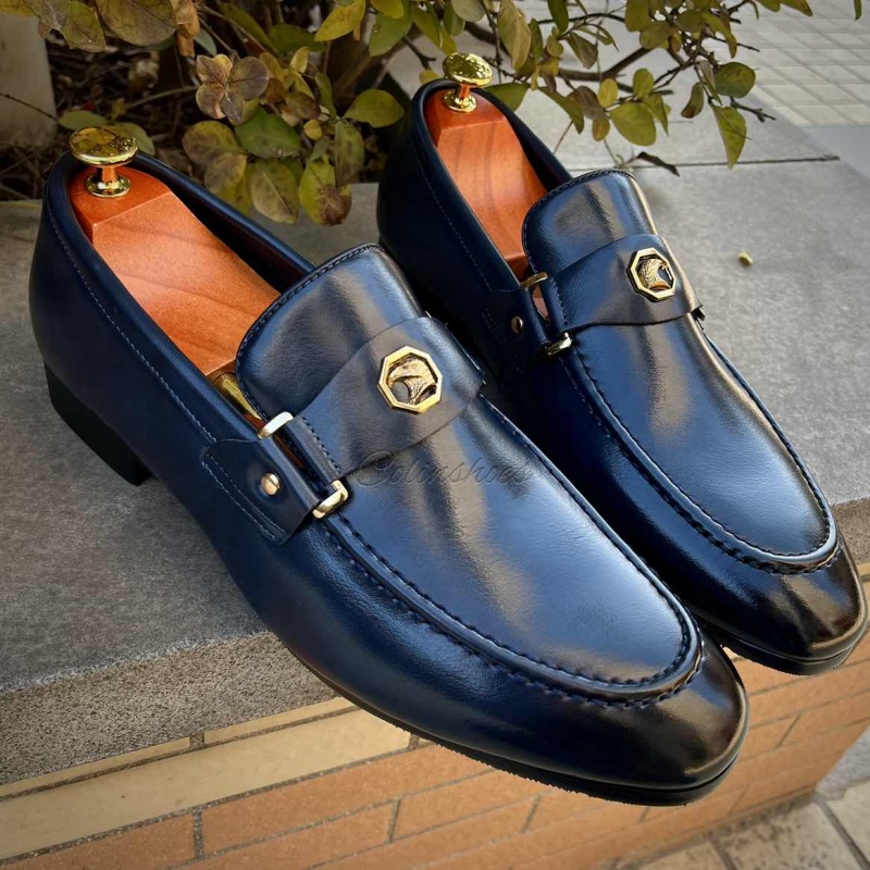 Luxury Hexagon Crest Leather Buckle Loafers-Colinshoes