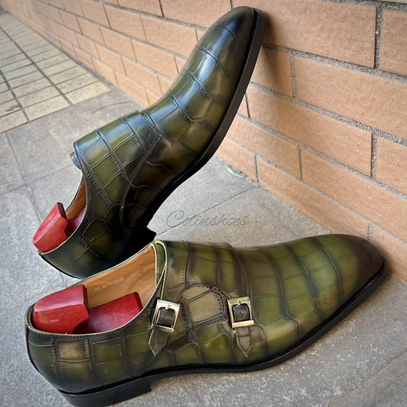 Moss Green Croc-Print Double Straps Monk-Colinshoes