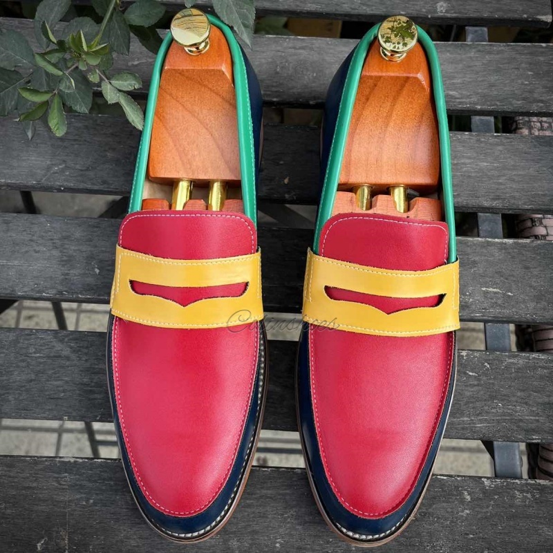 Main view of multicolor leather loafers with red, yellow, green, and navy-Colinshoes