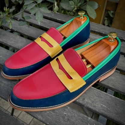 Right side close-up of vibrant retro penny loafers on wooden bench-Colinshoes