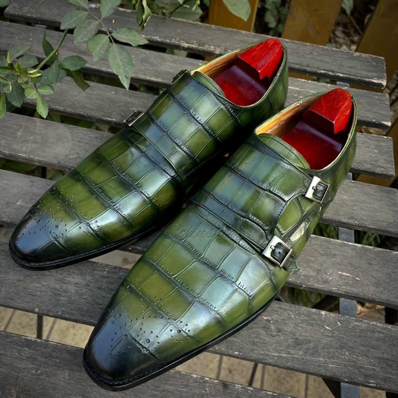 Moss Green Croc-Print Double Straps Monk-Colinshoes