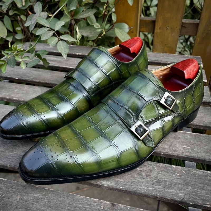 Formal green monk strap shoes in crocodile texture, right view-Colinshoes