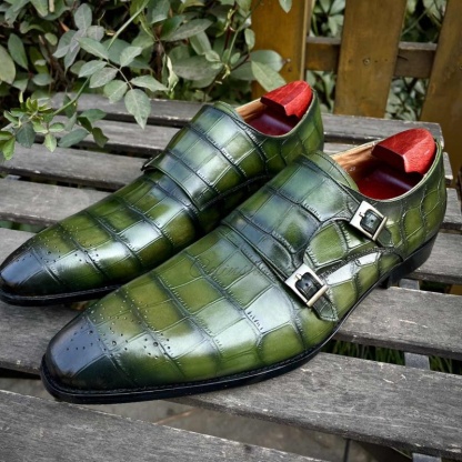 Formal green monk strap shoes in crocodile texture, right view-Colinshoes