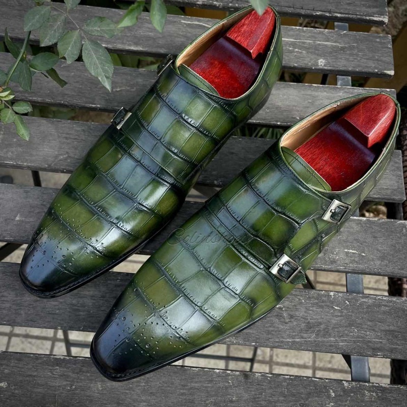 Moss Green Croc-Print Double Straps Monk-Colinshoes