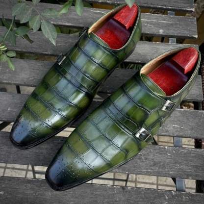 Moss Green Croc-Print Double Straps Monk-Colinshoes