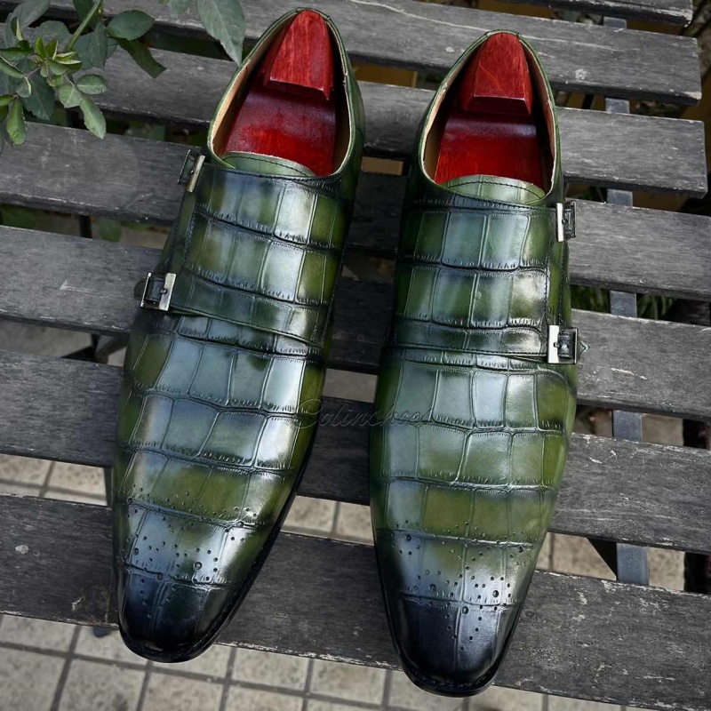 Green crocodile dress shoes with double monk straps-Colinshoes