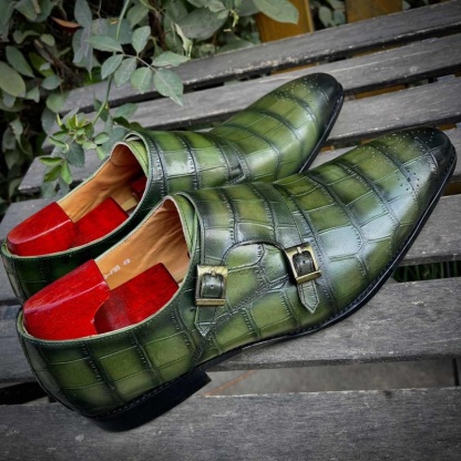 Men’s exotic green crocodile monk shoes, angled left perspective-Colinshoes