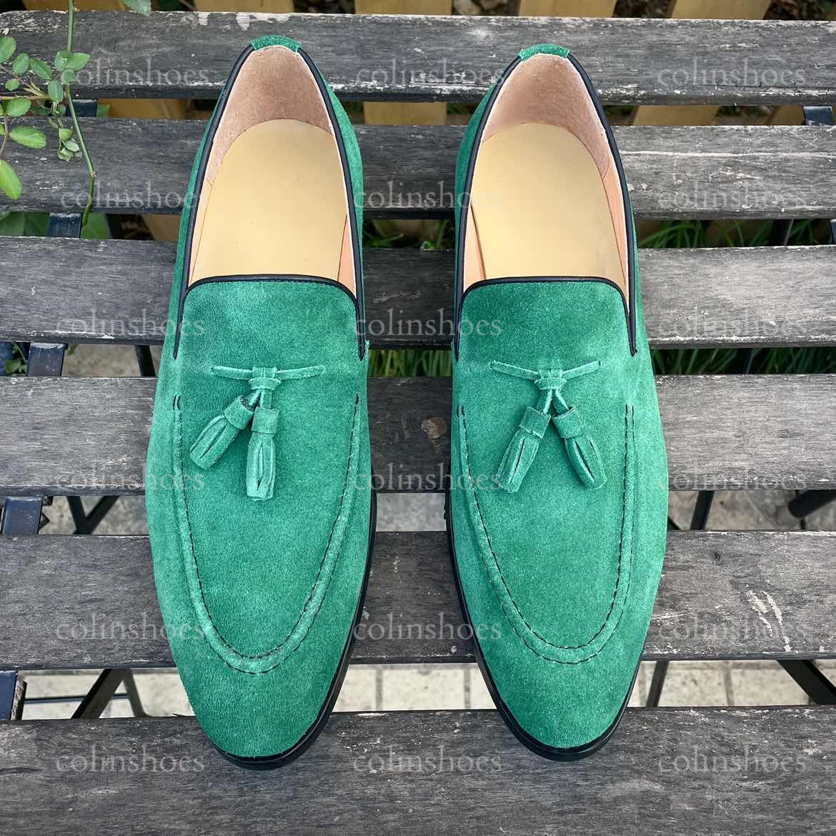 Main view of men’s green suede tassel loafers on bench-Colinshoes