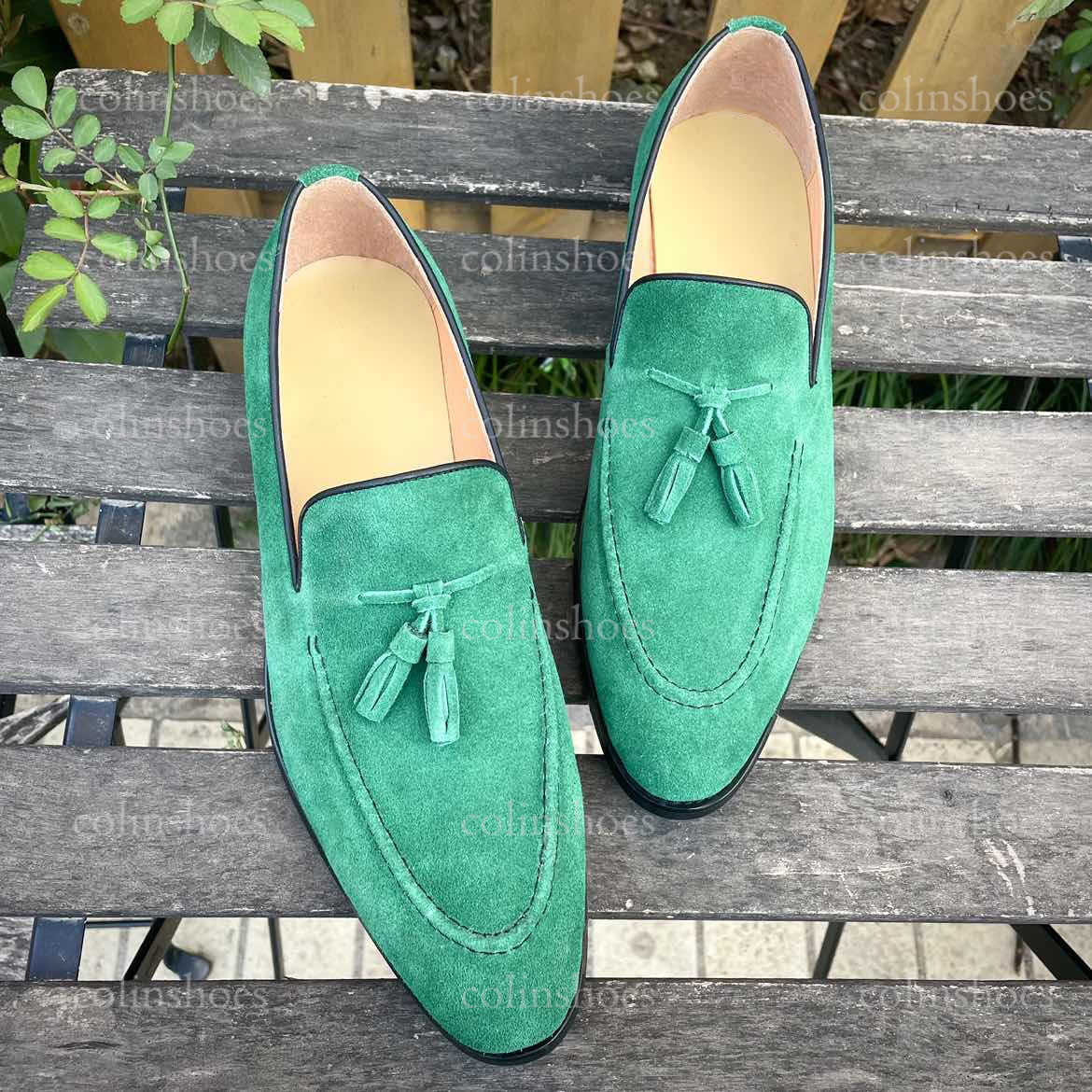 Emerald Green Moc Toe Suede Tassel Loafers-Colinshoes