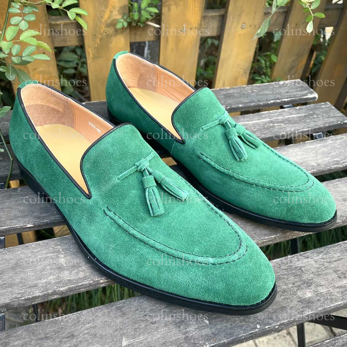 Emerald Green Moc Toe Suede Tassel Loafers-Colinshoes