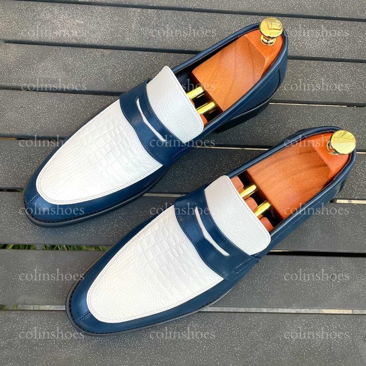 Croc-Embossed Charm Two-Tone Penny Loafers-Colinshoes