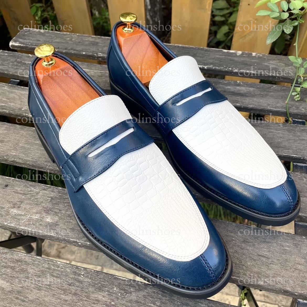 Croc-Embossed Charm Two-Tone Penny Loafers-Colinshoes