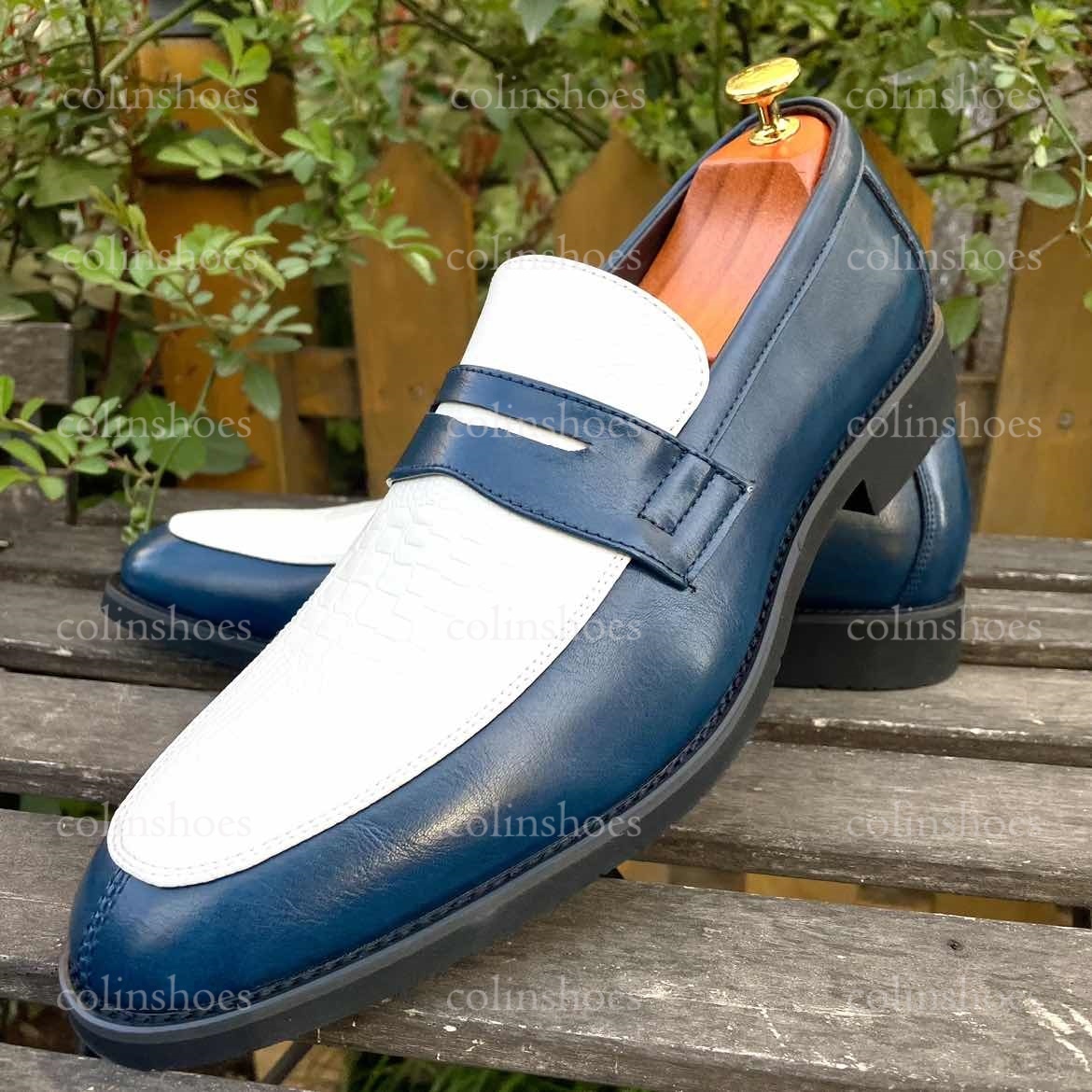 Croc-Embossed Charm Two-Tone Penny Loafers-Colinshoes