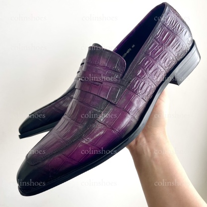 Right side close-up of glossy croc pattern leather loafers-Colinshoes