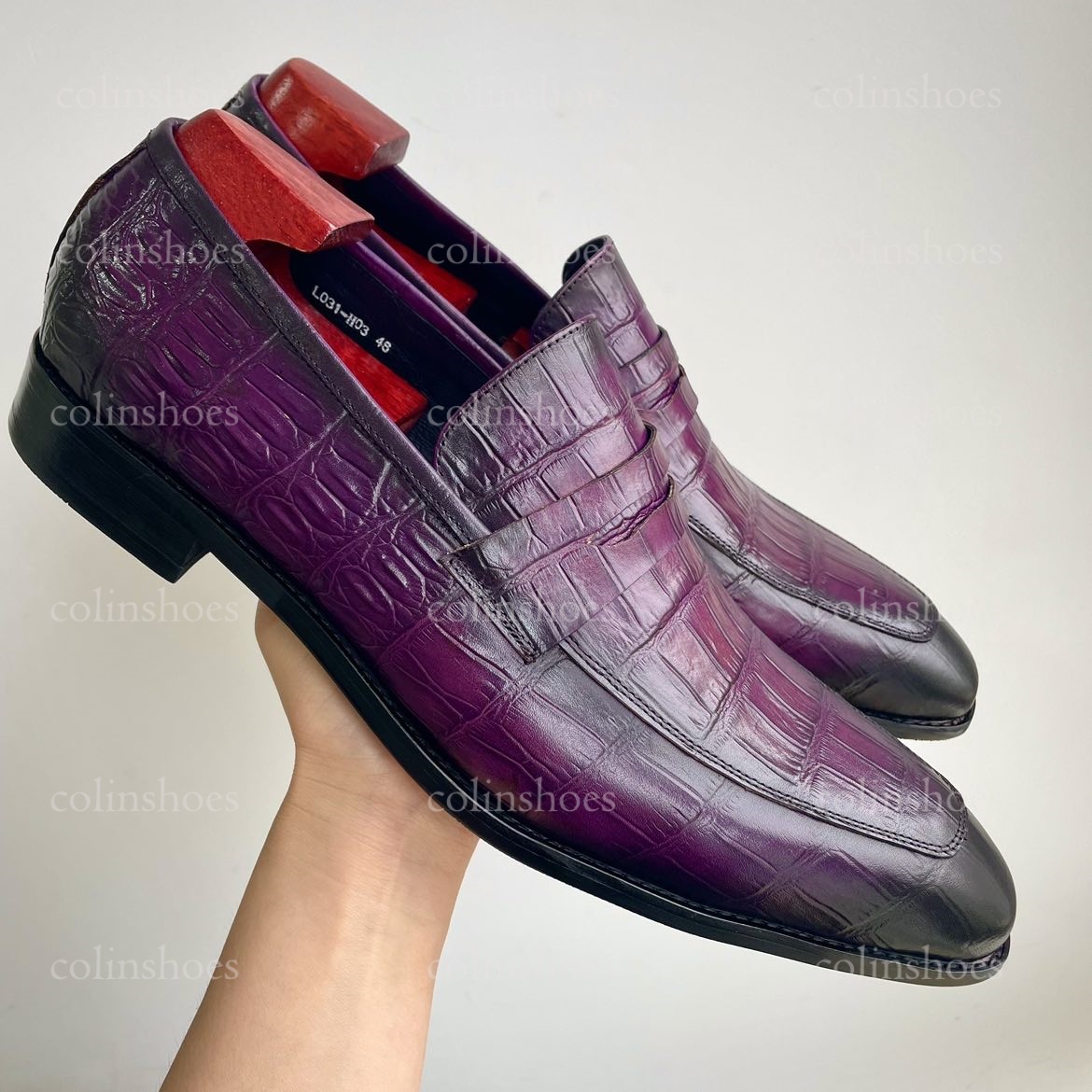 Statement Eggplant-Colored Croc-Print Loafers-Colinshoes