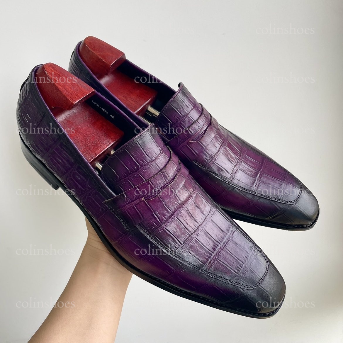 Statement Eggplant-Colored Croc-Print Loafers-Colinshoes
