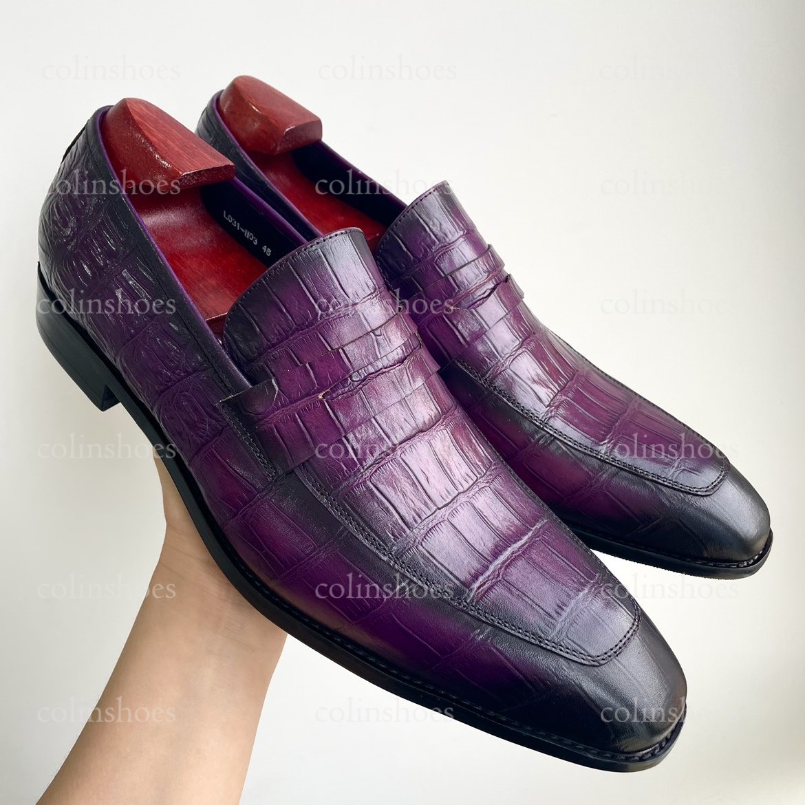 Statement Eggplant-Colored Croc-Print Loafers-Colinshoes