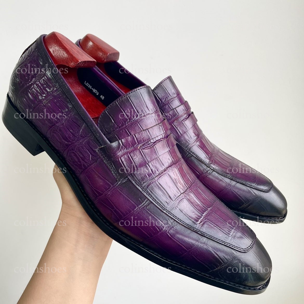 Left angled view of men’s exotic purple slip-on shoes-Colinshoes