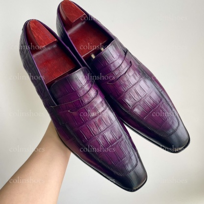 Main view of purple crocodile embossed leather loafers-Colinshoes