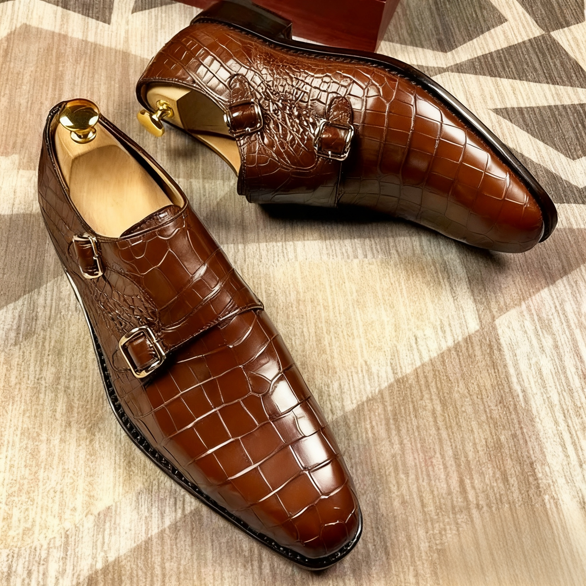 Timeless Black Croc Texture Double Monk Strap