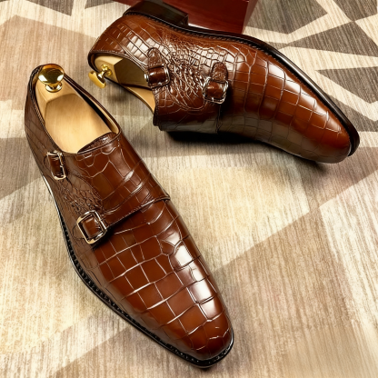 Timeless Black Croc Texture Double Monk Strap