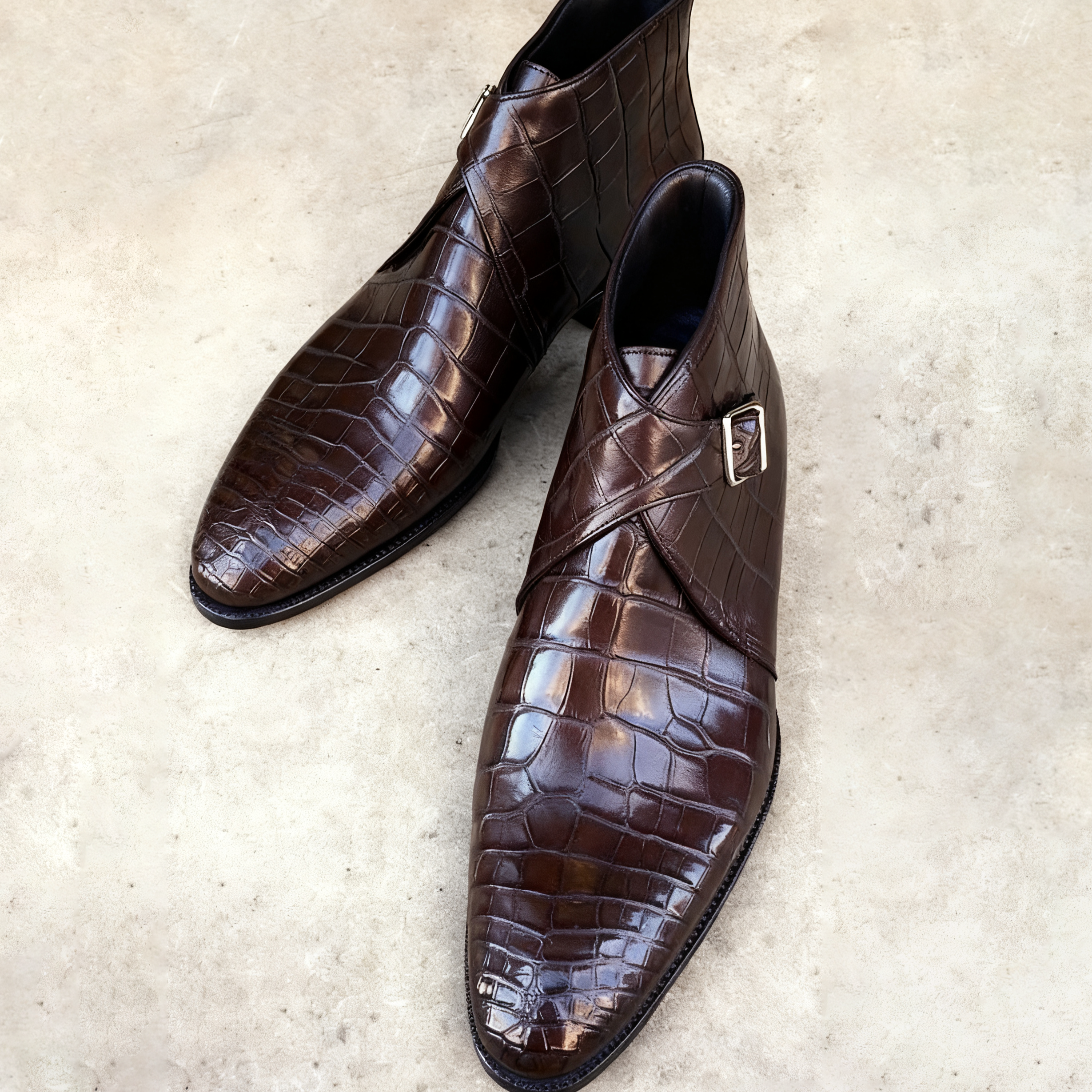 Men’s Premium Crocodile Embossed Monk Strap Ankle Boots