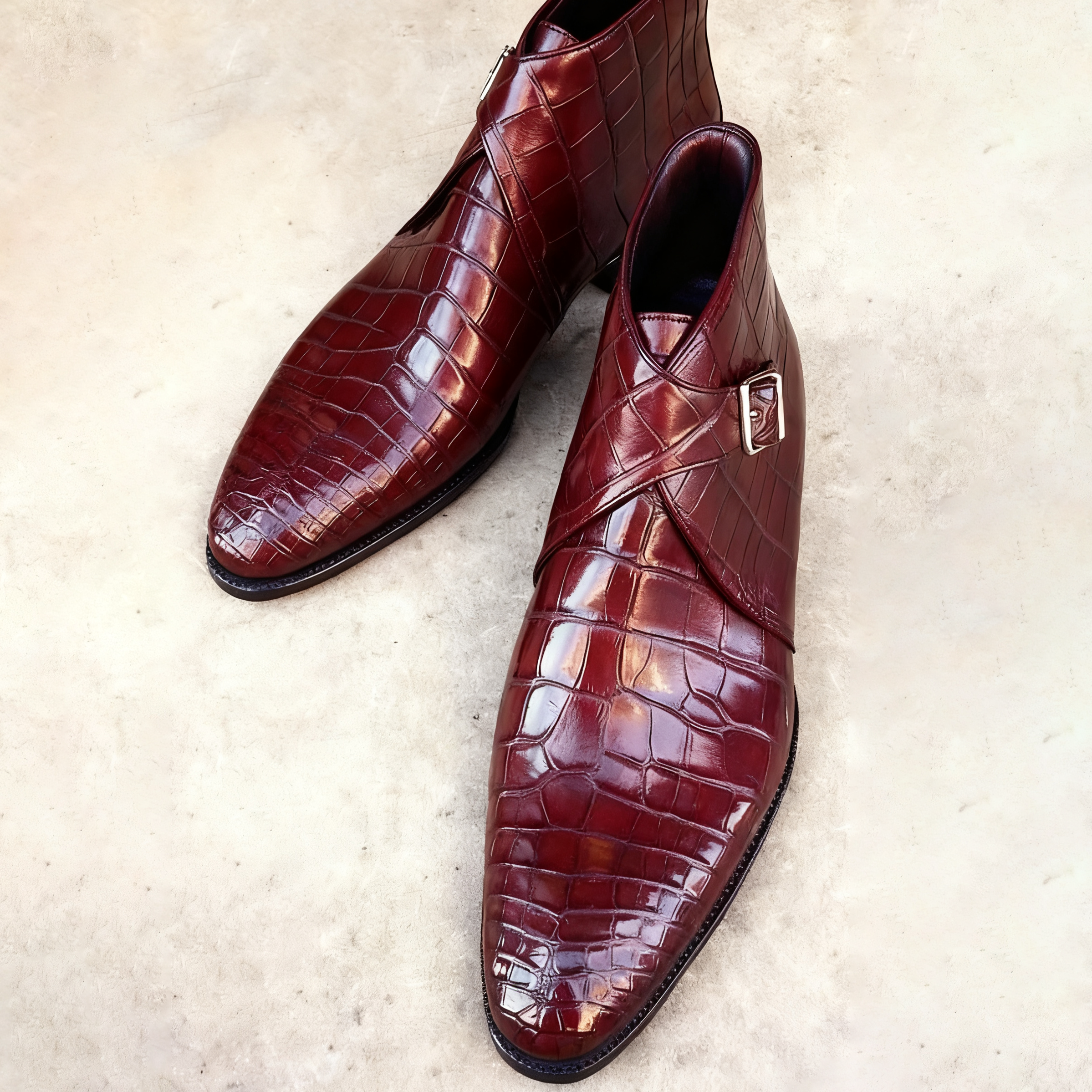 Men’s Crocodile Embossed Monk Strap Leather Boots | Handmade Dress Boots|colinshoes