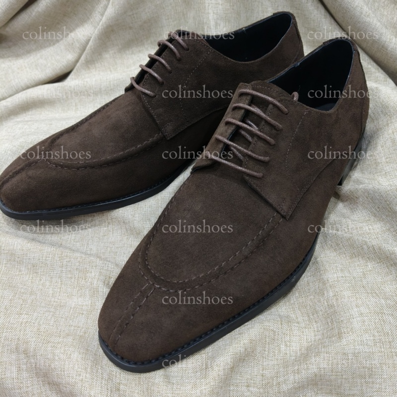 Right side of dark brown lace-up suede derby shoes-colinshoes