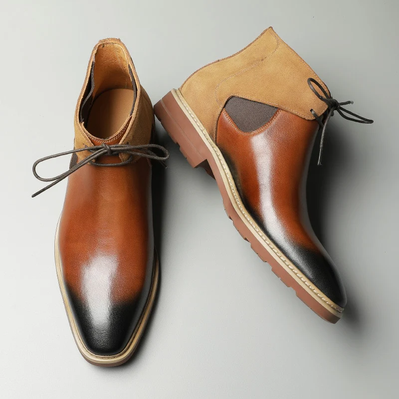 Top view of brown leather and suede chukka boots-Colinshoes