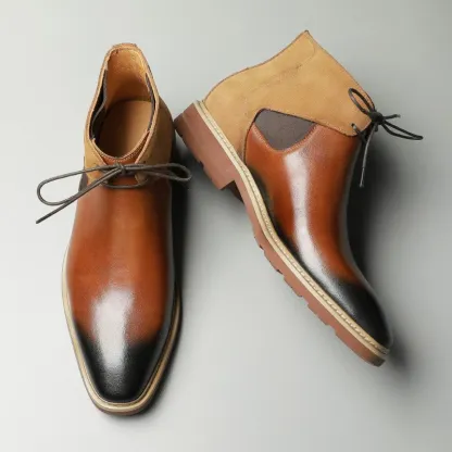 Top view of brown leather and suede chukka boots-Colinshoes