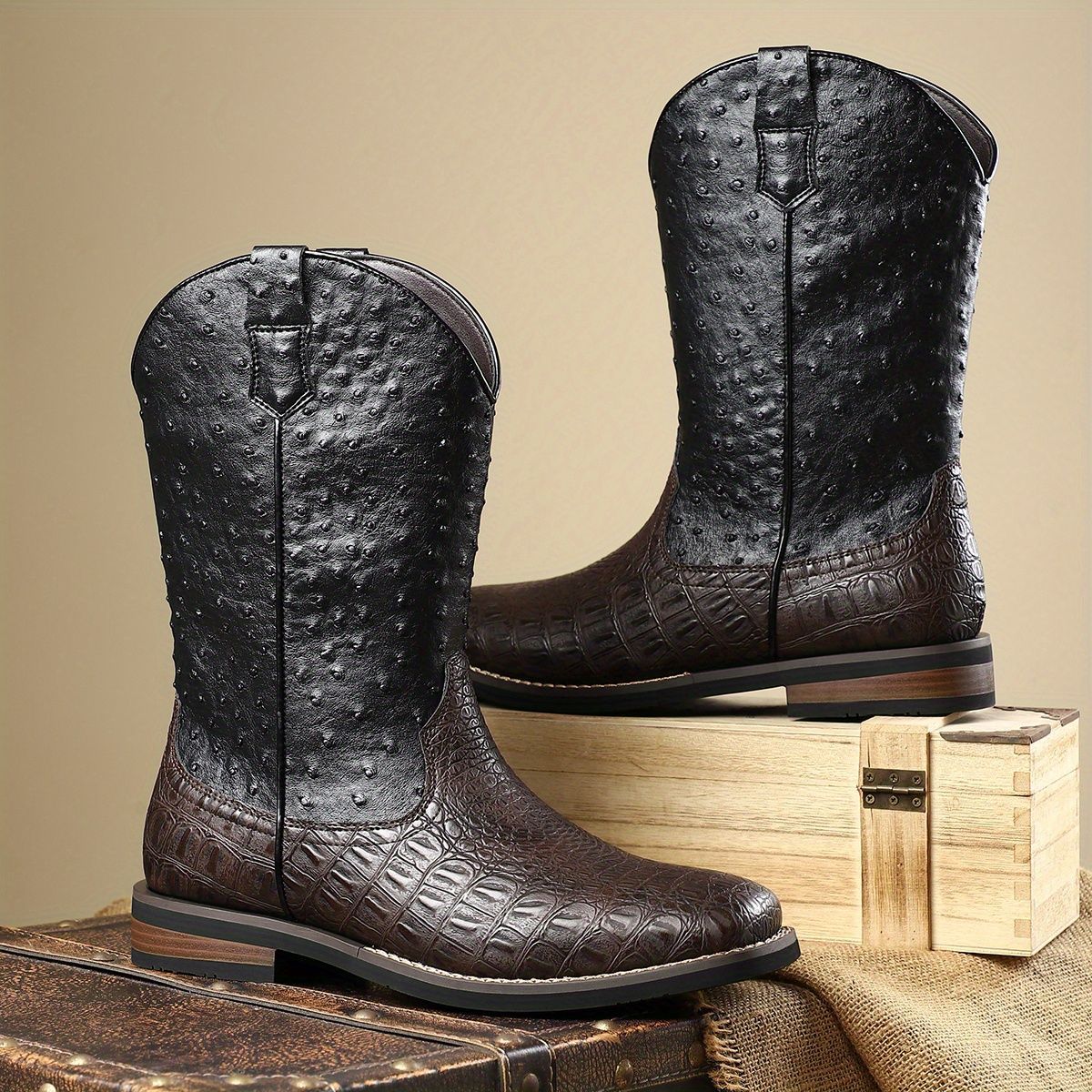 Premium Ostrich-Effect Cowboy Boots