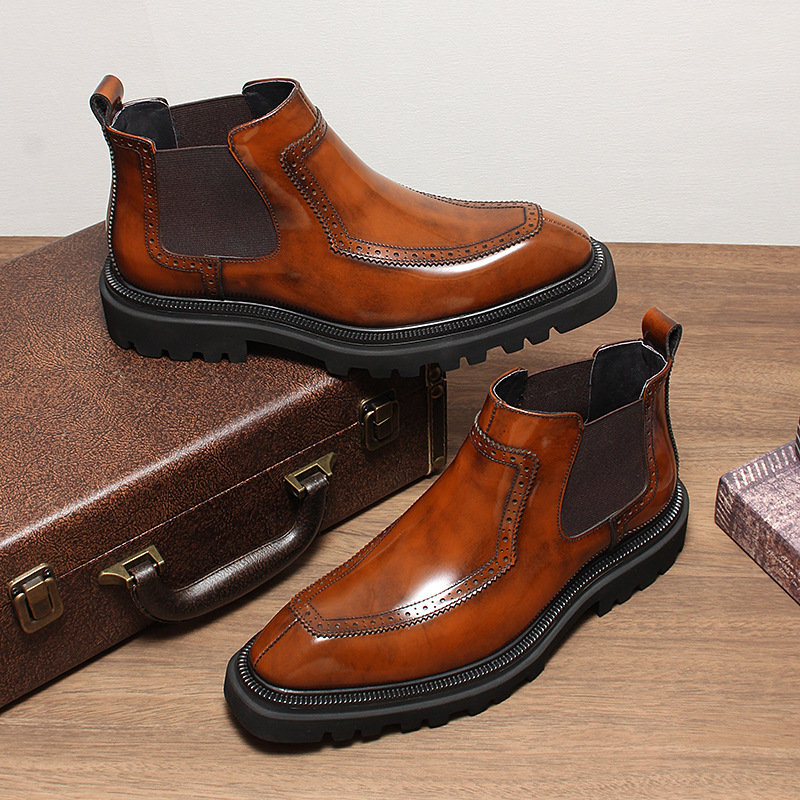 Cognac Burnished Brogue Chelsea Boots with Lug Sole