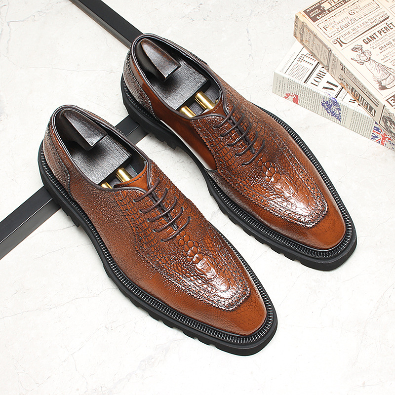 Genuine Croc- Embossed Leather Oxford Shoes with Lug Sole