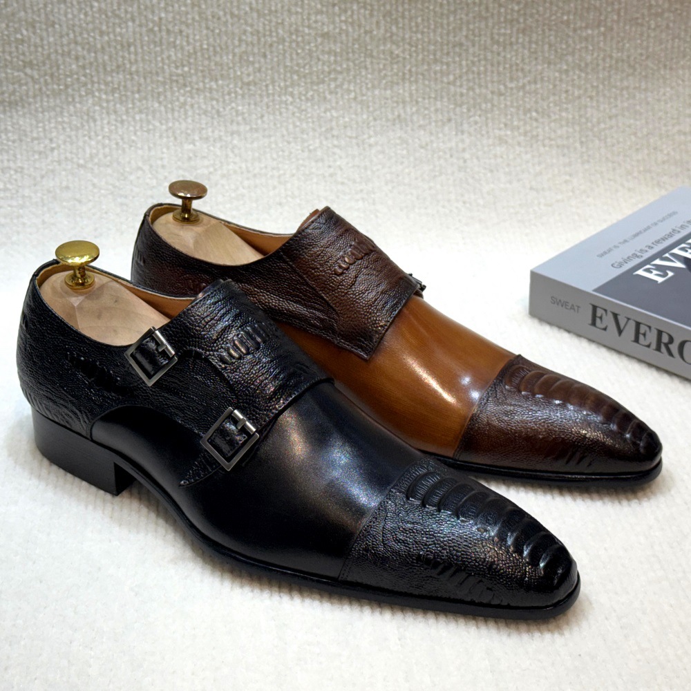 Ostrich-Embossed Double Monk Strap Dress Shoes