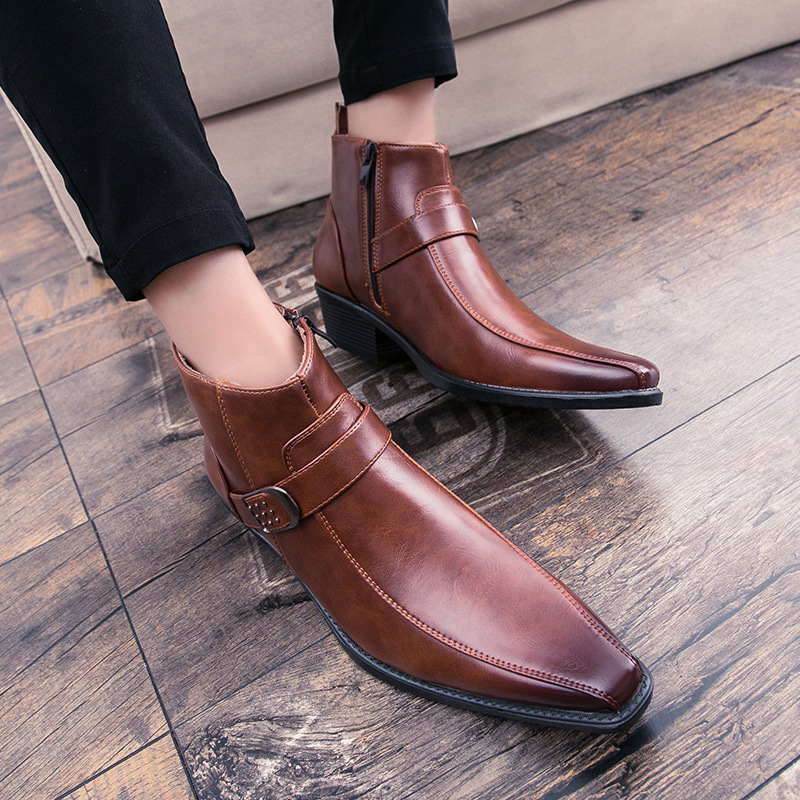 Retro Cowboy Pointed Toe Buckle Zipper Boots-Colinshoes