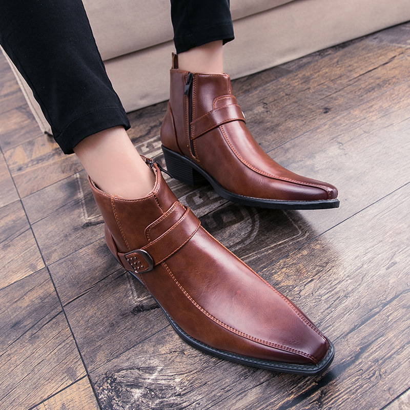 Retro Cowboy Pointed Toe Buckle Zipper Boots-Colinshoes