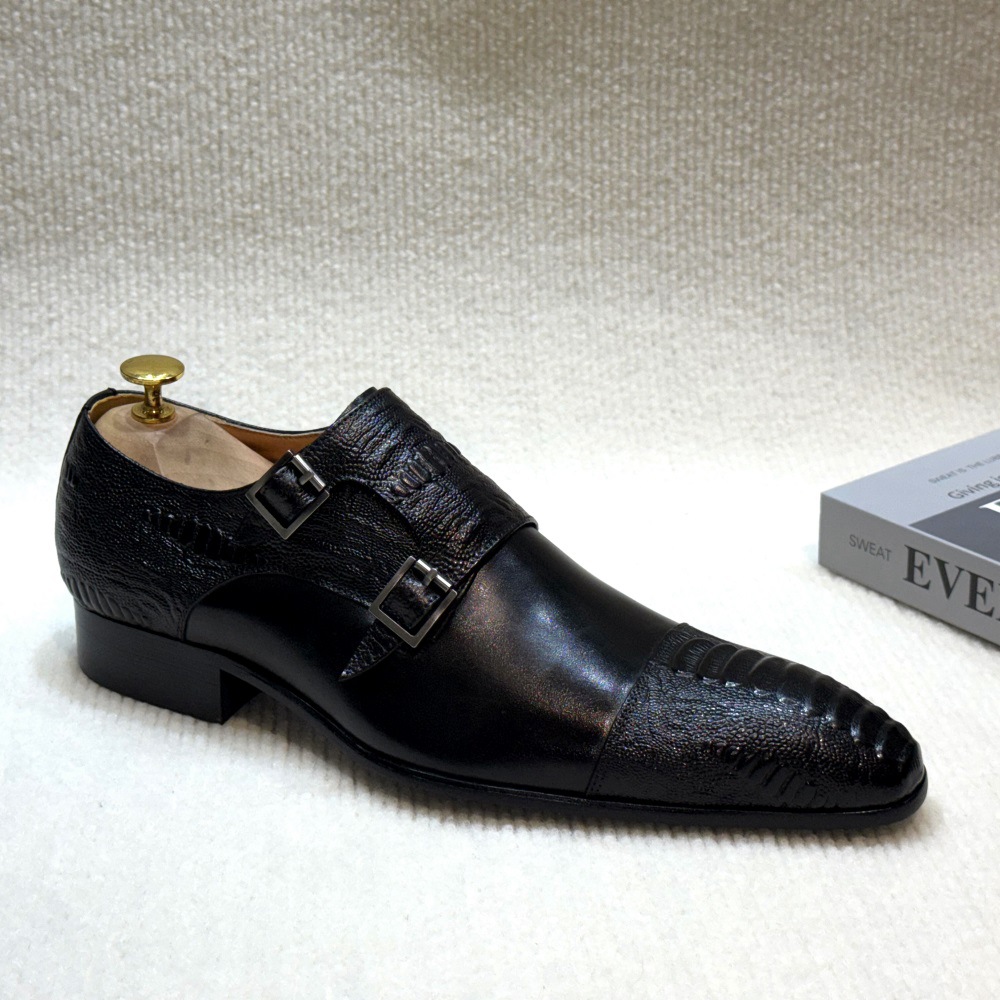 Men’s Ostrich-Embossed Double Monk Strap Leather Dress Shoes| ColinShoes