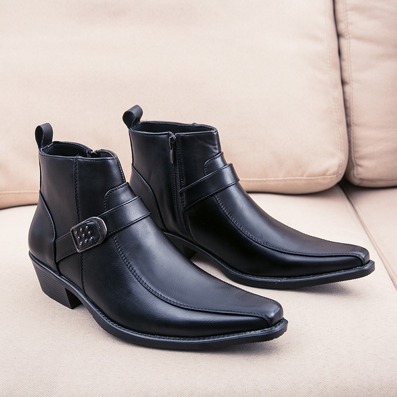 Retro Cowboy Pointed Toe Buckle Zipper Boots-Colinshoes