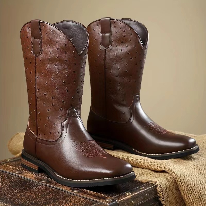 Leather Cowboy Boots with Ostrich Texture – Durable Fit | colinshoes
