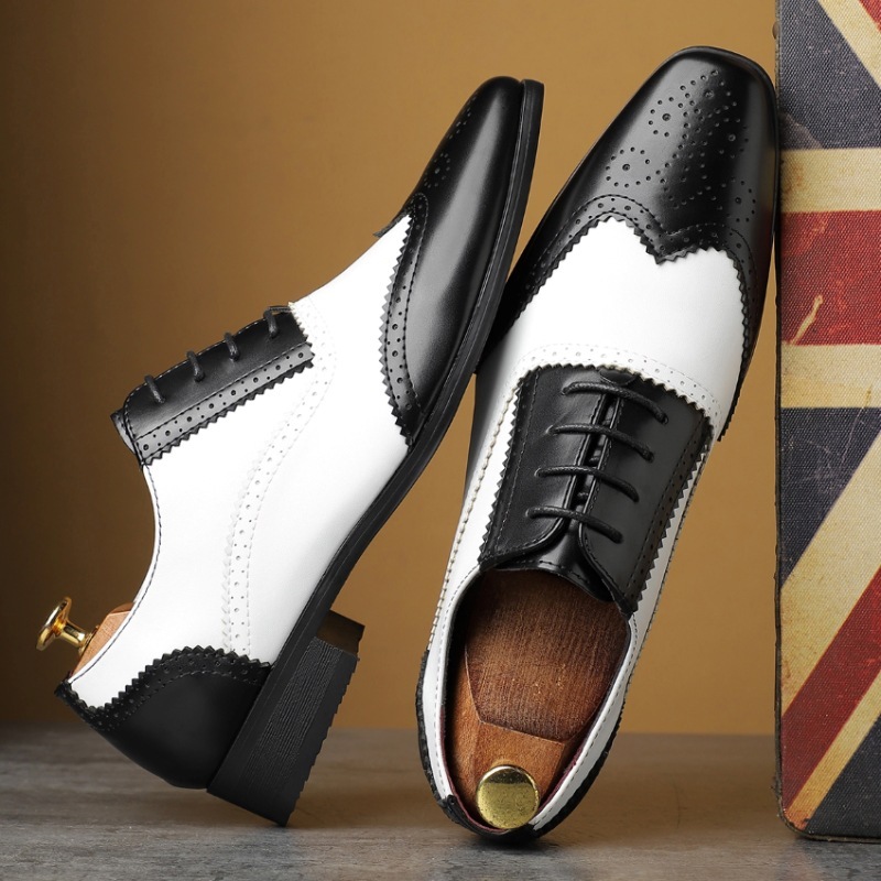 Main view of black and white oxford brogue shoes with wooden form-Colinshoes