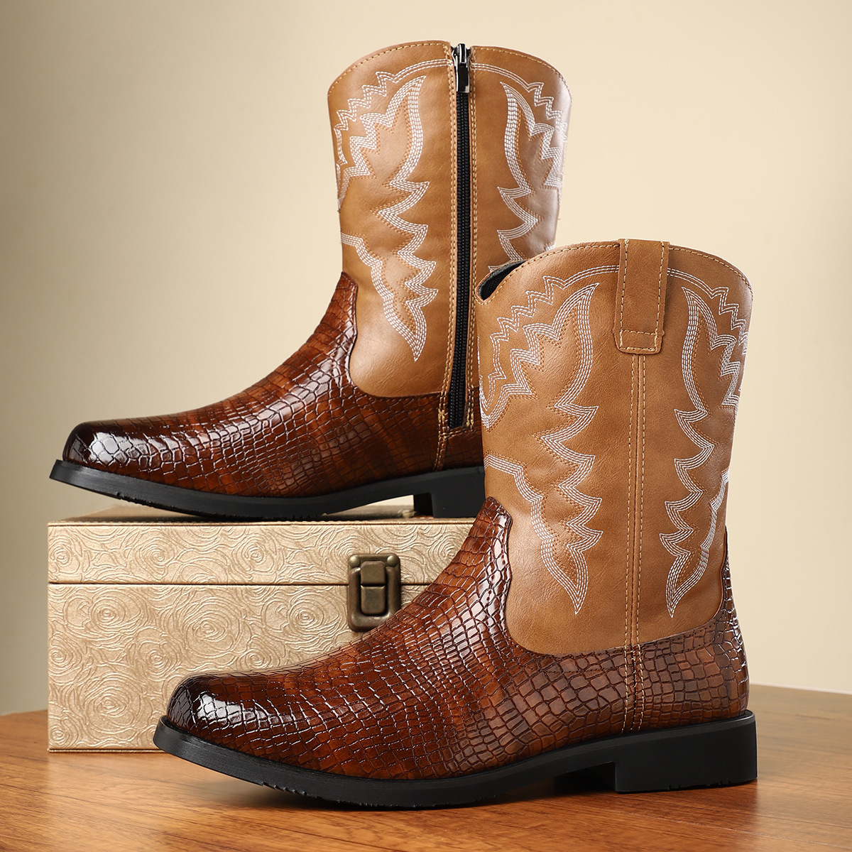 Two-Tone Side Zipper Western Croc-Embossed Leather Boots