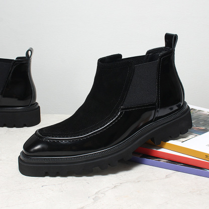 Right side view showing suede upper and gloss leather trim boots