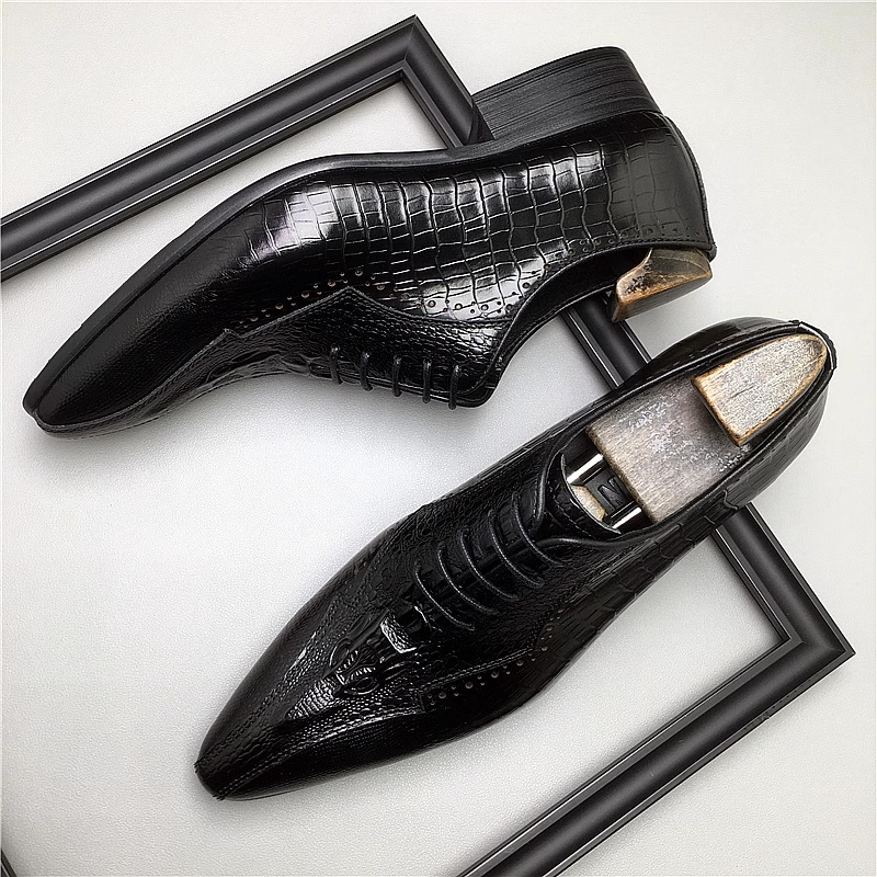 Elongated Modern Toe Croc-Embossed Derby Shoes