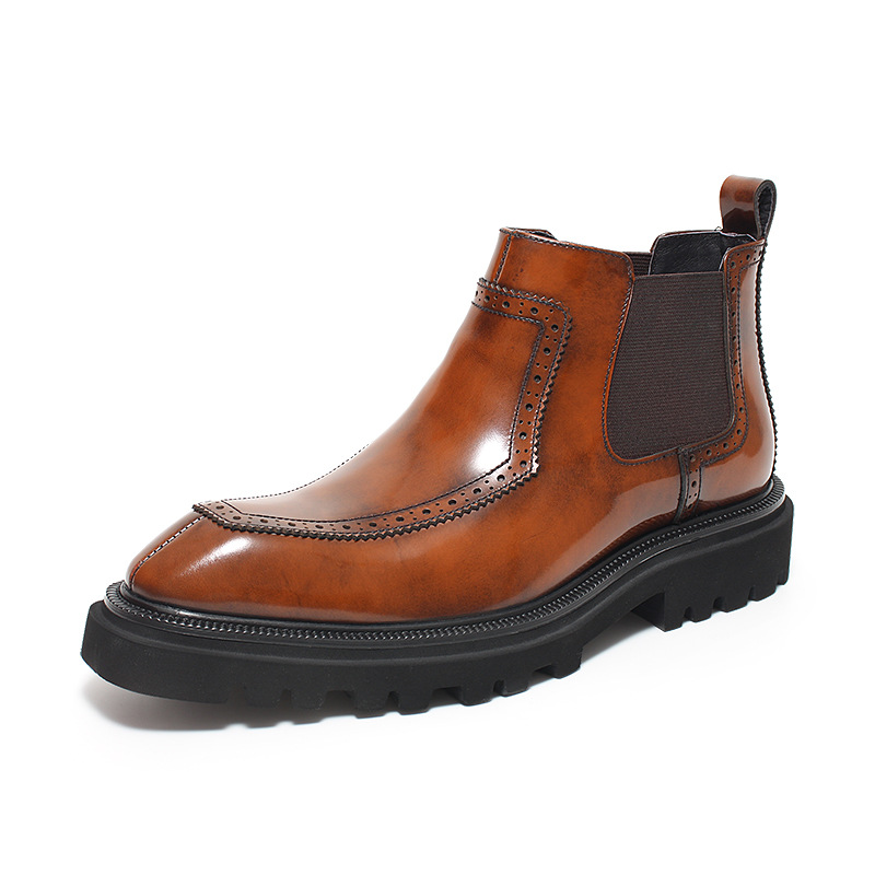 Cognac Burnished Brogue Chelsea Boots with Lug Sole