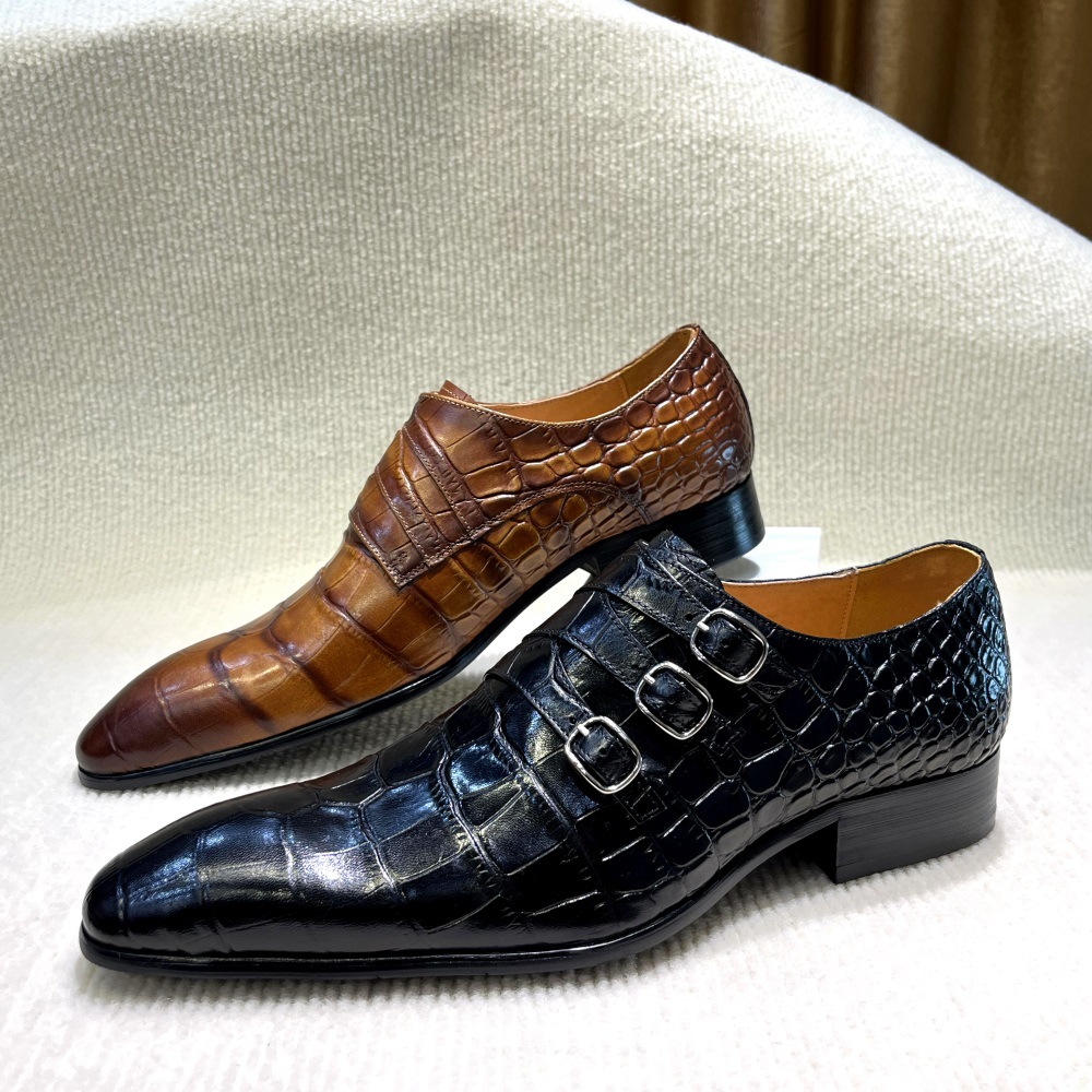 Triple Strap Crocodile Embossed Monk Shoes For Men | colinshoes