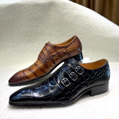 Triple Strap Crocodile Embossed Monk Shoes For Men | colinshoes