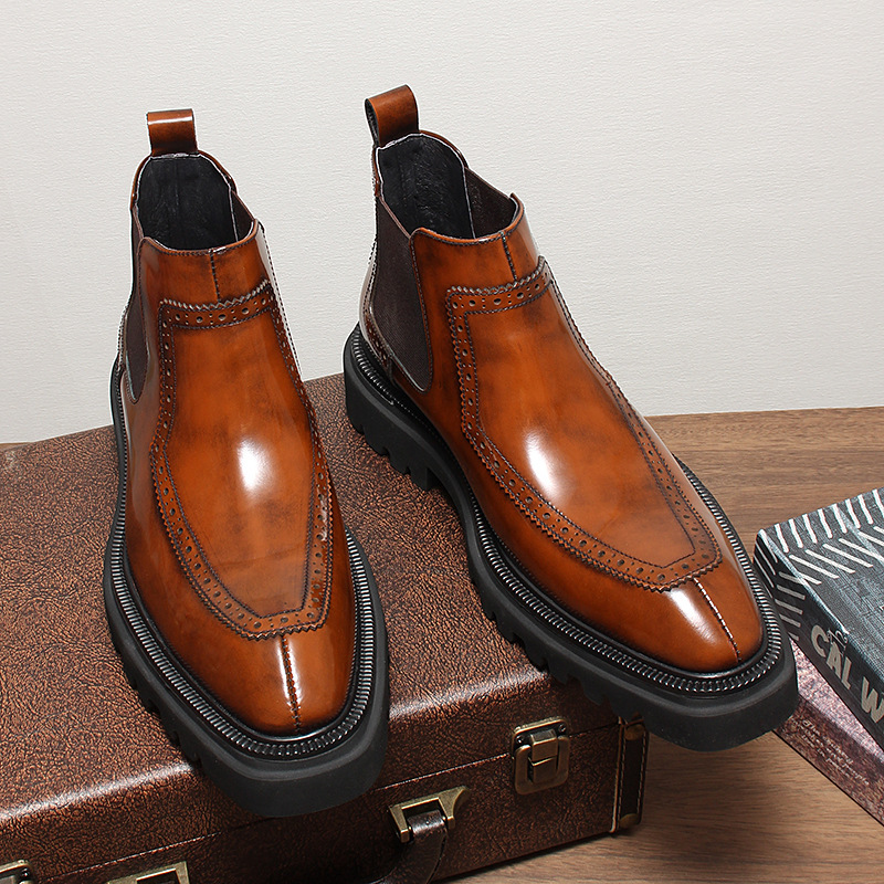 Cognac Burnished Brogue Chelsea Boots with Lug Sole – Colinshoes